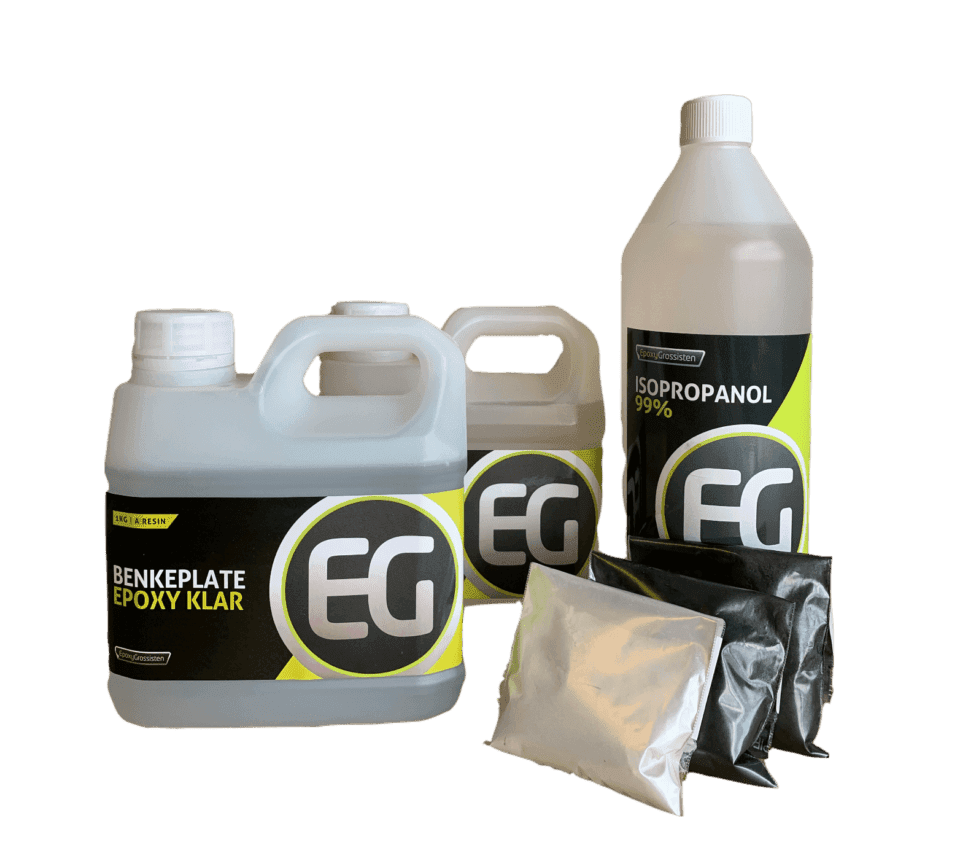 Epoxy kit for sort marmor med 1 kg resin, 1 kg herder, isopropanol, metallic black og shimmer white metallic pulver.